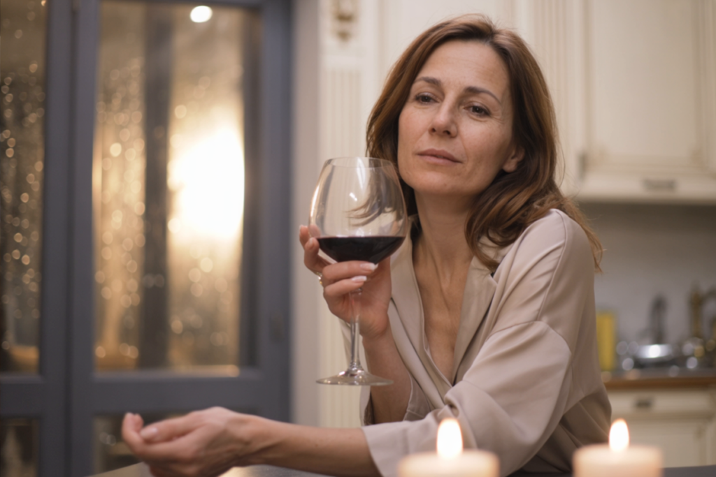 A woman sitting quietly in soft candlelight, lost in thought