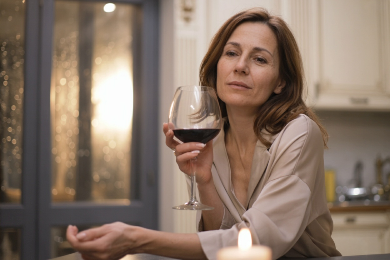 A woman in her 40s sits in a candlelit kitchen, holding a glass of red wine, lost in thought as she rediscovers forgotten desires.