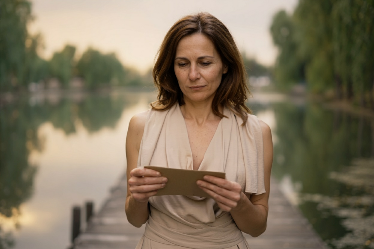 Woman standing by a lakeside dock reading a letter, pausing in quiet anticipation in a sensual romantic story for women over 40