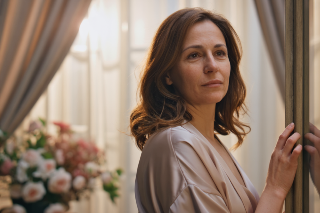 Woman in an ivory silk robe standing by a window, pausing in quiet anticipation, in a sensual romantic story about self-rediscovery