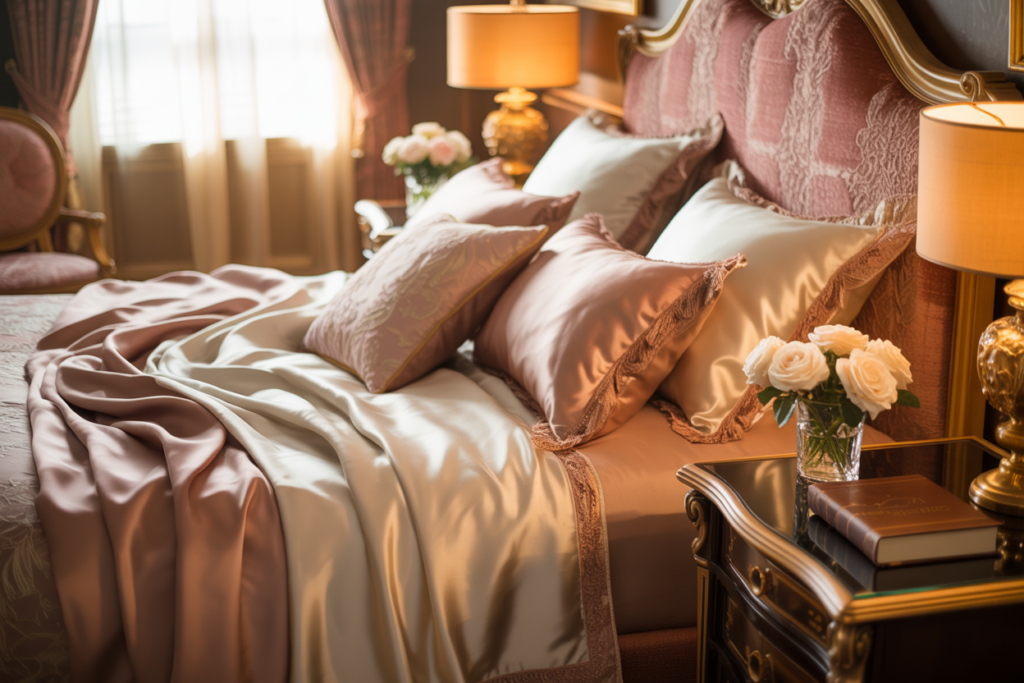 Elegant bedroom scene with rumpled silk sheets, symbolizing emotional intimacy, connection, and renewal in Ela’s Love Life Stories.