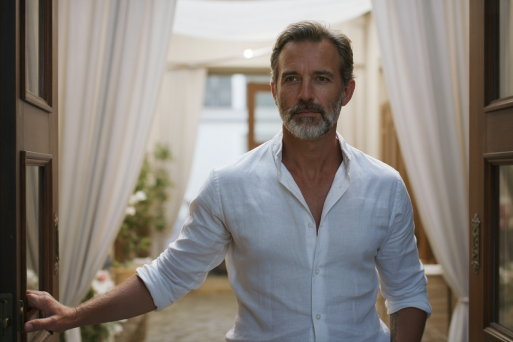 Confident mature man standing in a softly lit doorway, returning with calm presence and restrained desire in a romantic slow-burn story.