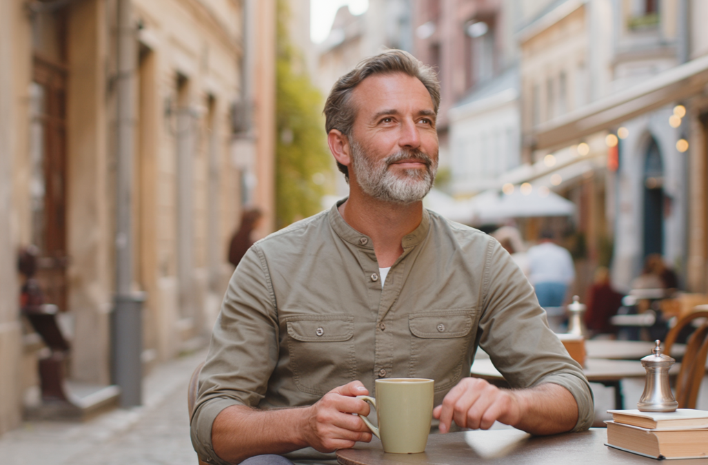 A handsome silver-haired man sits alone at a European café, holding a mug of coffee with a soft, almost-smile. He looks upward, calm and thoughtful, as if spotting someone he’s been hoping to see.