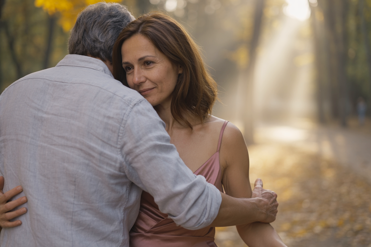 A woman closes her eyes as a man holds her in a quiet park, their bodies close in an intimate moment of emotional connection and longing.
