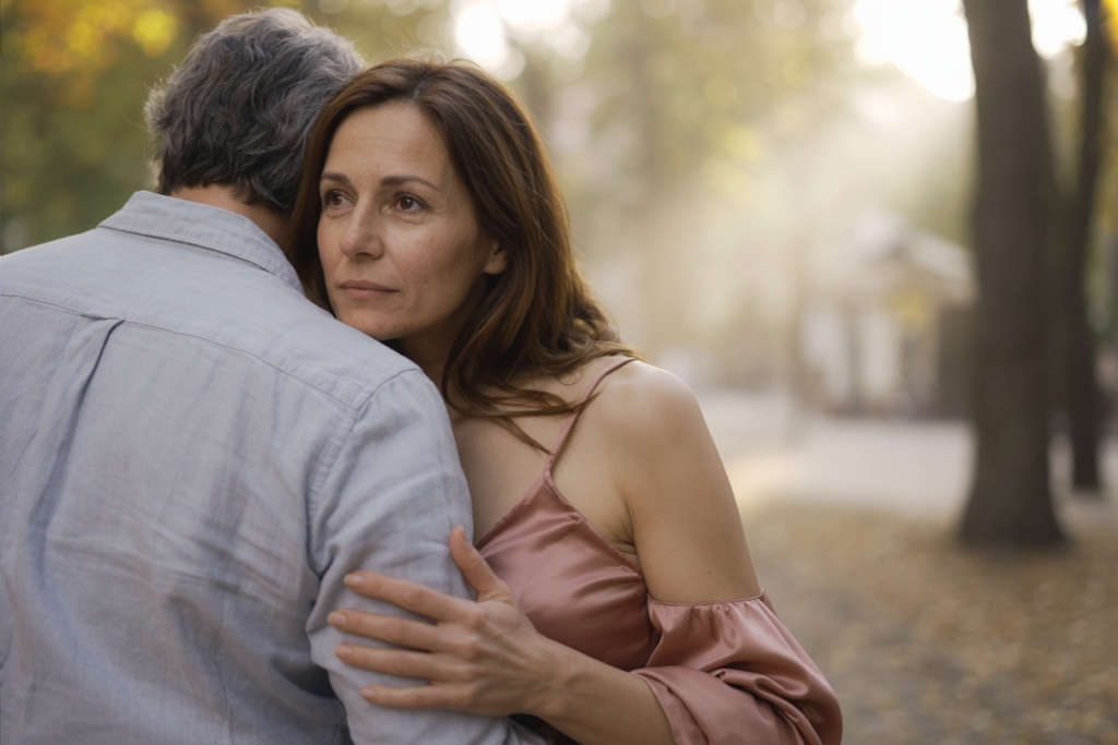 A worried woman while a man holds her in a quiet park, their bodies close in an intimate moment of emotional connection and longing.