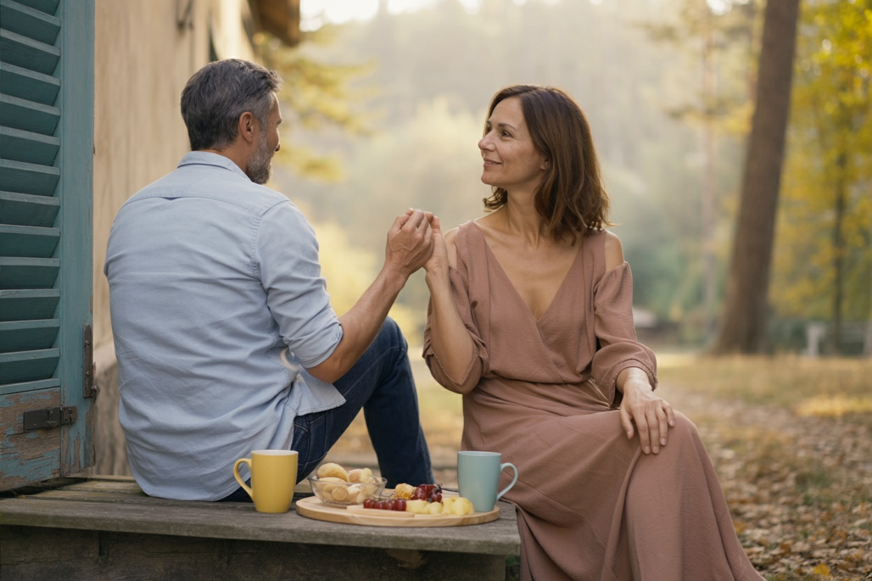A mature couple sits on rustic wooden steps outside a cottage, sharing breakfast and holding hands. Surrounded by autumn trees, they look at each other with love and peace in their eyes.