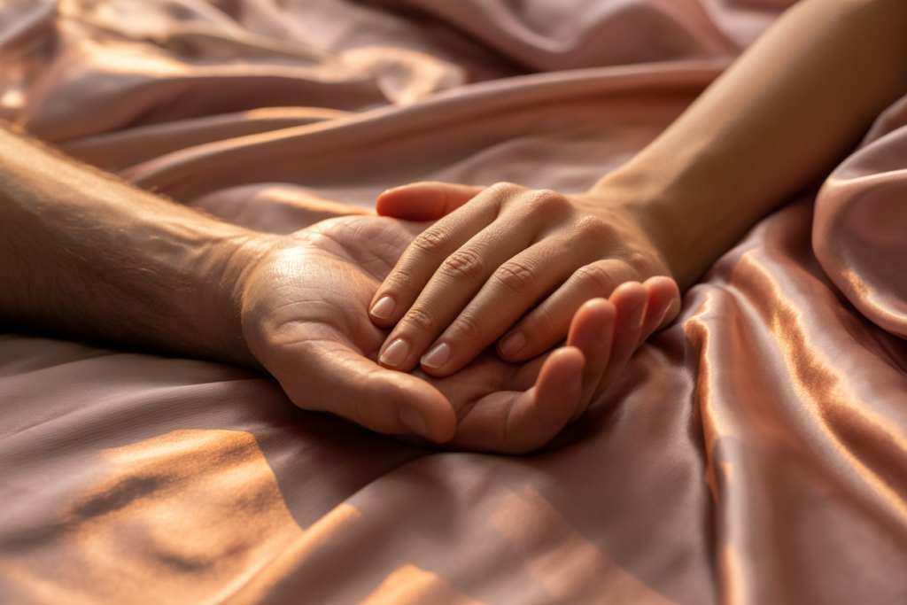 Two hands resting together on soft dusty rose satin sheets, her hand placed gently over his in a quiet moment of love and surrender.