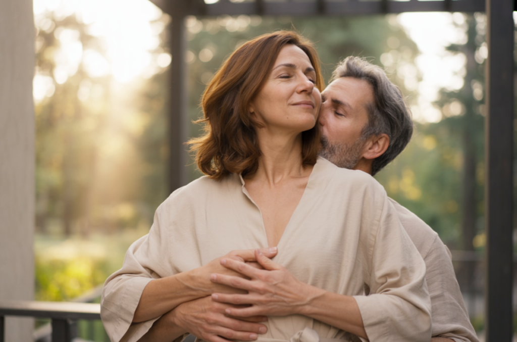 Middle-aged couple embracing on a sunlit porch, the woman leaning back with a serene smile as the man kisses her shoulder tenderly.