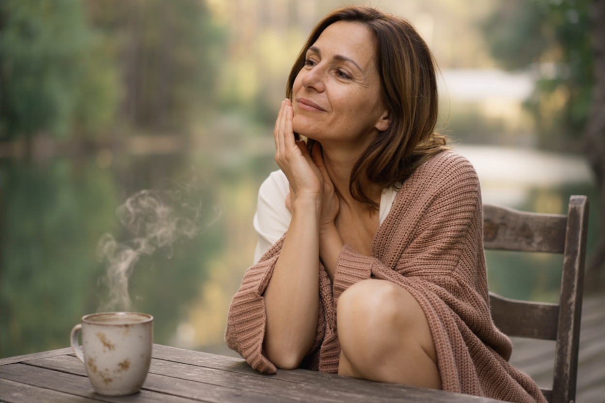 A woman in her 40s wrapped in a dusty rose cardigan, sitting at a rustic table by a lake with a steaming coffee mug, gazing softly into the distance with a dreamy smile.