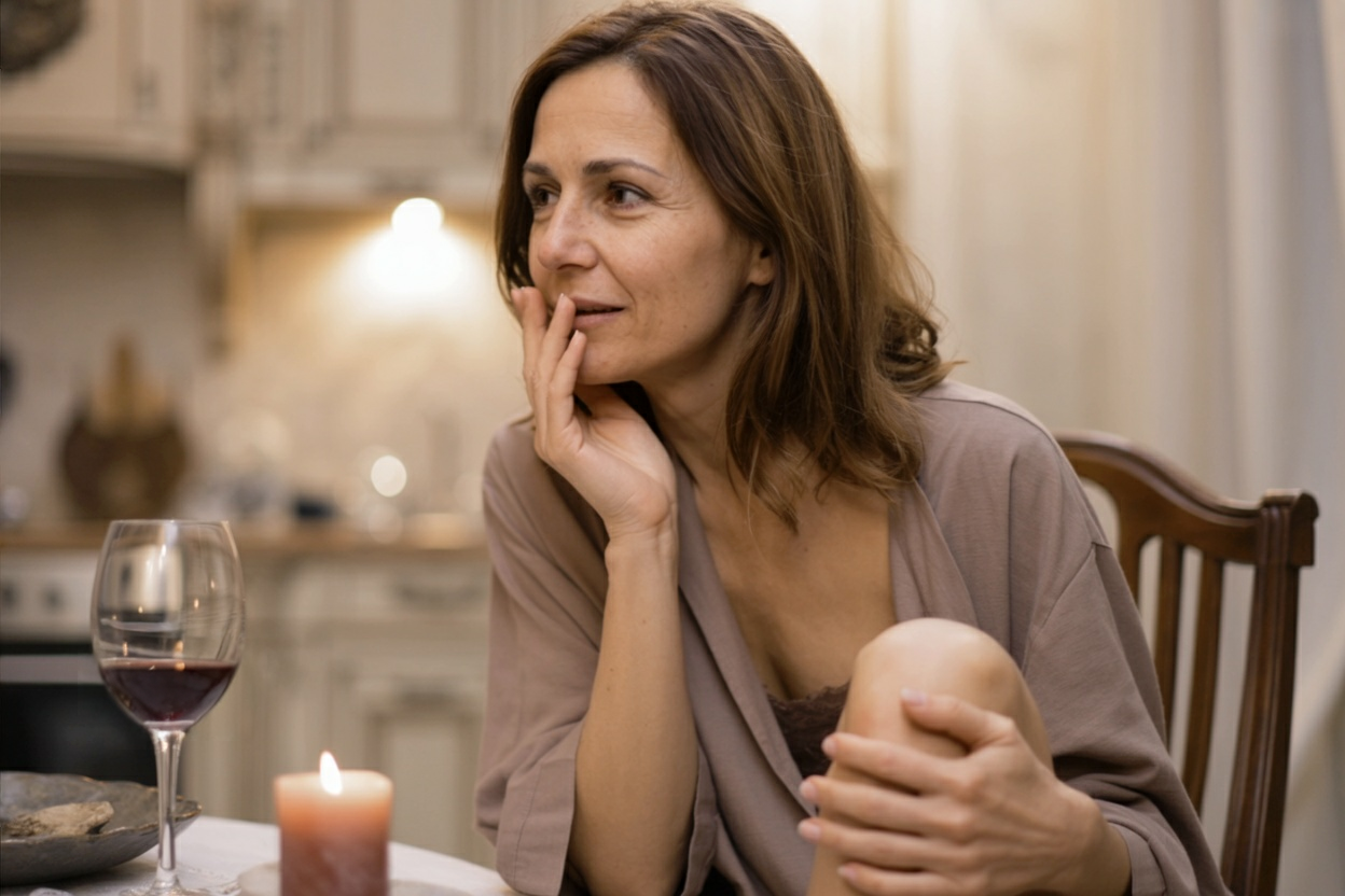 Elegant woman in her 40s sits in a dimly lit kitchen at dawn, wrapped in a robe, lost in thought after an intimate phone call, surrounded by soft candlelight and sensual stillness.