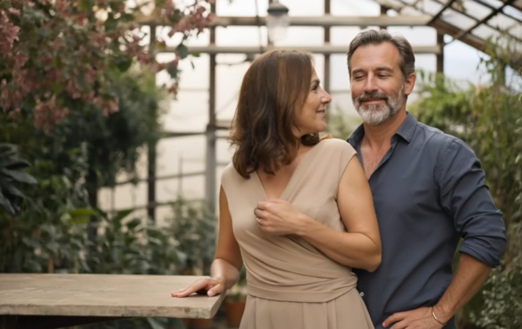 A man stands close behind a woman in a quiet greenhouse, listening attentively as she turns toward him, sharing an intimate moment of connection and desire.