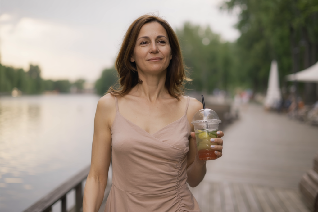 A woman in her 40s walks along a lakeside boardwalk, holding a plastic cup of iced lemon tea, wearing a soft wrap dress and looking peacefully ahead.