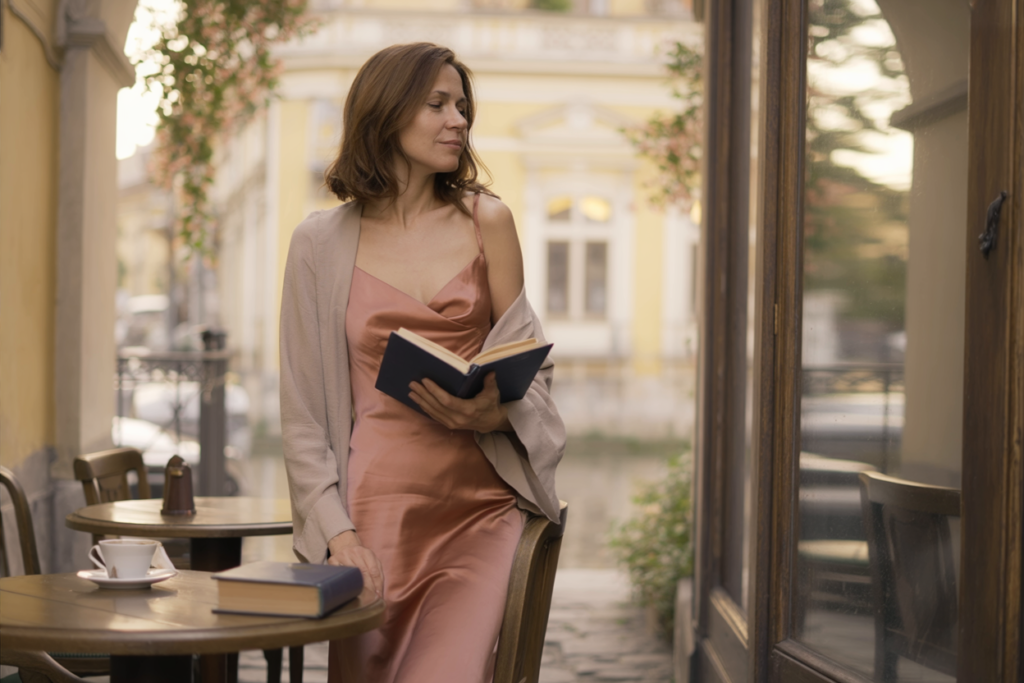 Elegant brunette woman in a silky rose dress stands at a café window, softly lit, holding an open book with a faraway look in her eyes.
