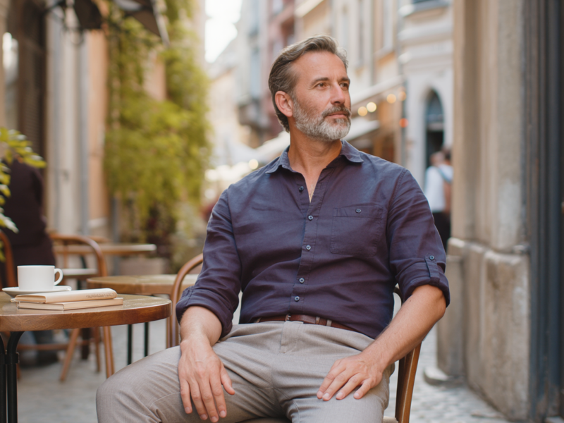 A sophisticated mature man in a navy shirt sits alone at a café table in a European alley, captivated by someone just out of frame.