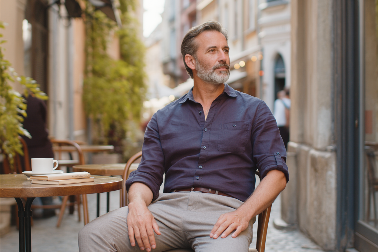 A sophisticated mature man in a navy shirt sits alone at a café table in a European alley, captivated by someone just out of frame.