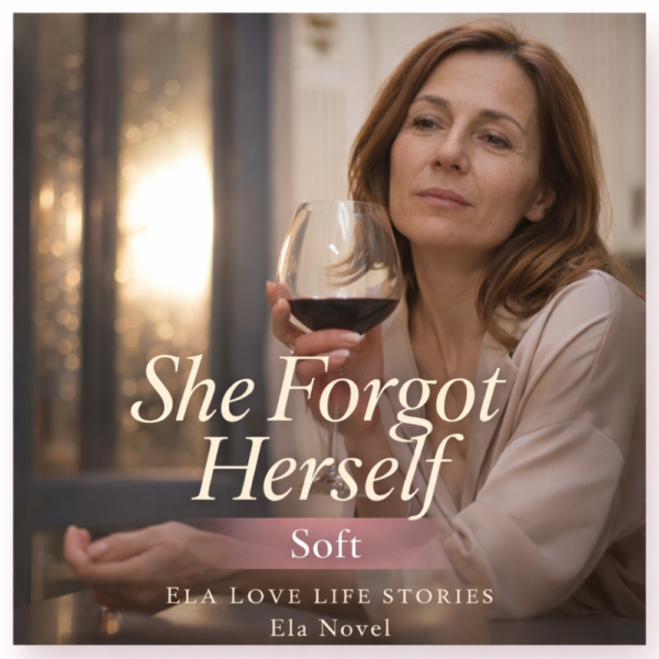A middle-aged woman in a soft blouse sits with a glass of red wine, gazing thoughtfully into the distance, embodying a sense of longing and rediscovery.