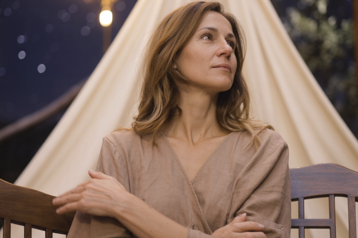 Elegant woman in soft lighting gazes upward at night, wrapped in beige, reflecting quiet sadness and longing.
