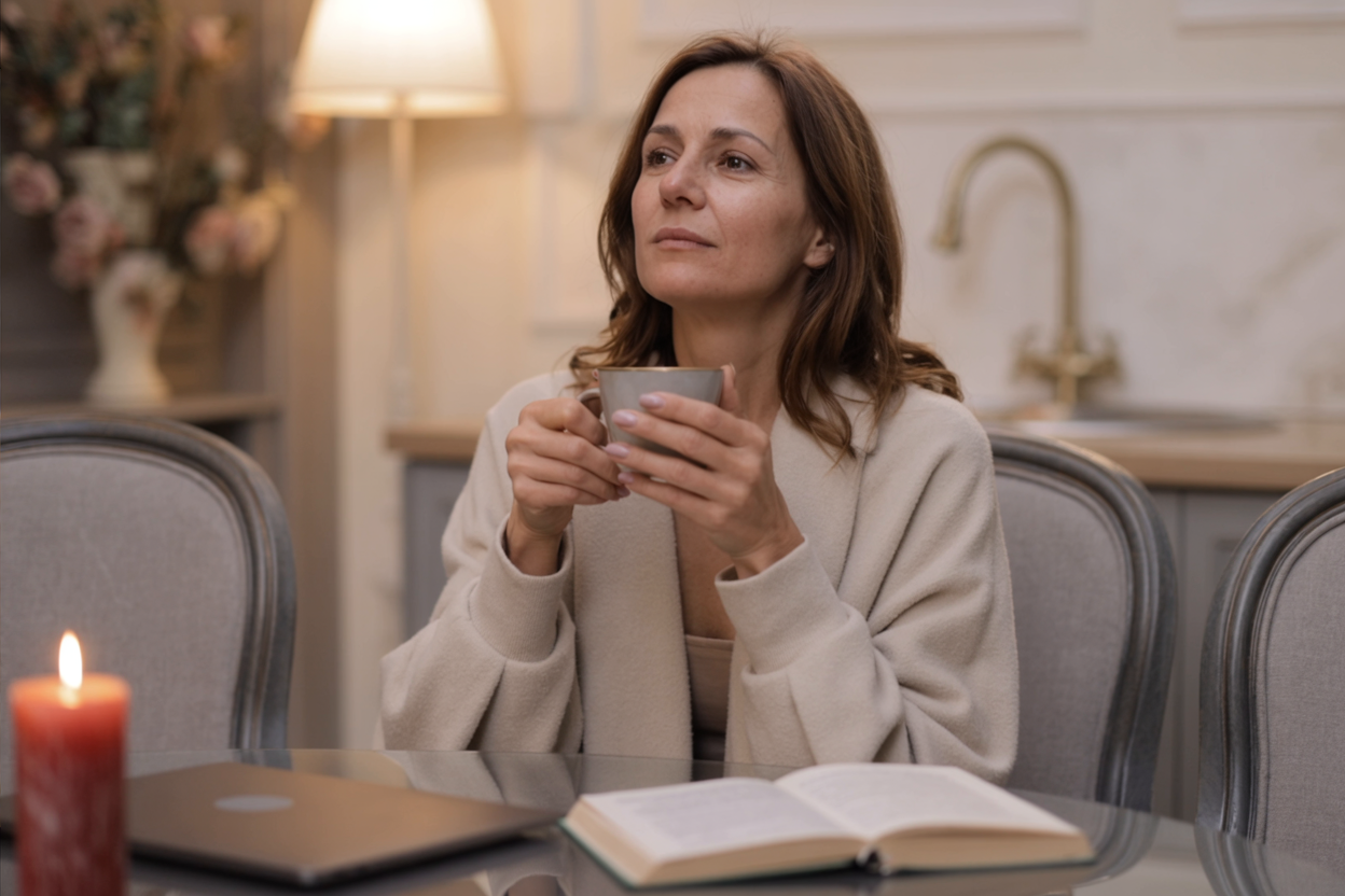 Midlife woman in cream sweater holding a coffee mug, sitting thoughtfully in a warm, elegant kitchen.