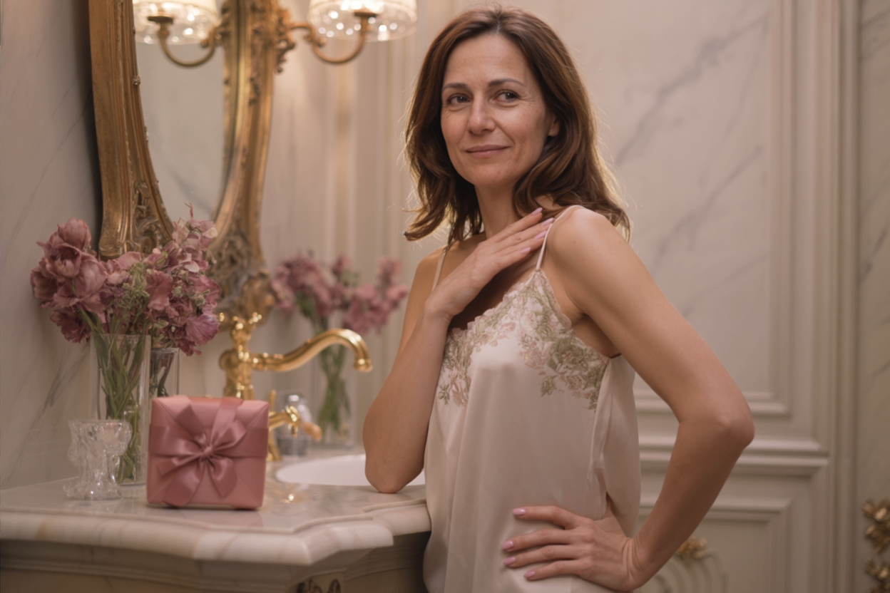 Elegant woman in embroidered slip dress smiles gently in a vintage-style bathroom with soft gold accents.