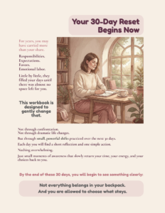Illustration of a calm woman journaling at a cozy table beside a window with the heading “Your 30-Day Reset Begins Now,” introducing the gentle transformation process inside the No Without Guilt reset plan.