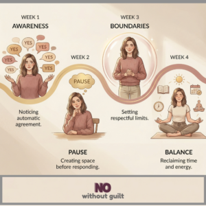 Illustrated roadmap of the “No Without Guilt” reset plan showing the four-week journey: Awareness, Pause, Boundaries, and Balance, helping women reclaim their time and energy through healthier boundaries.