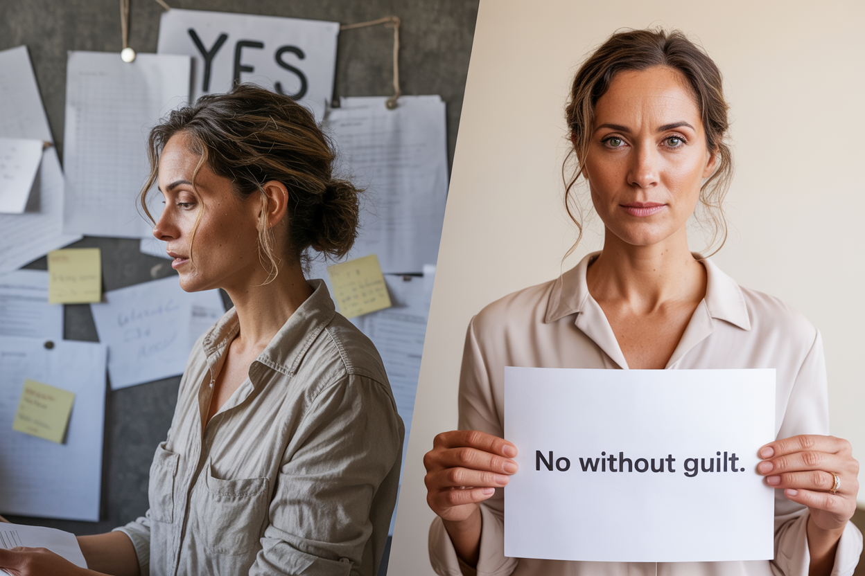 Split image showing the same woman twice, on the left standing exhausted at a desk covered in papers and yes notes looking overwhelmed, on the right standing calm and confident holding a No Without Guilt sign, showing how women stop always covering at work ElasLoveLifeStories.com