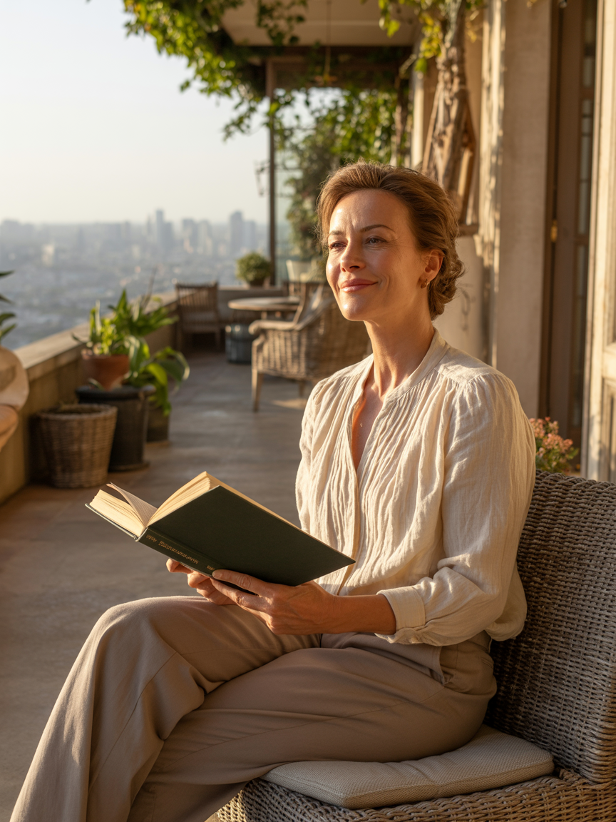 Woman over 40 sitting peacefully on a sunny terrace holding a book and smiling quietly with a city view in the background showing what life feels like when your time finally feels like yours again ElasLoveLifeStories.com