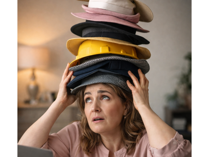 Woman over 40 sitting at a desk with a laptop looking overwhelmed while balancing a tall stack of colorful hats on her head representing the too many roles women carry when they become the one everyone counts on ElasLoveLifeStories.com