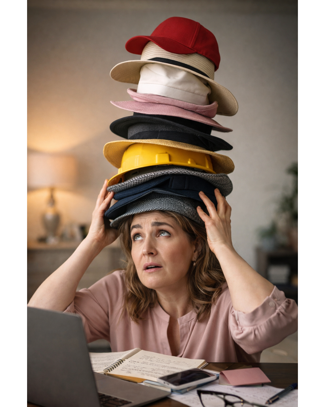 Woman over 40 sitting at a desk with a laptop looking overwhelmed while balancing a tall stack of colorful hats on her head representing the too many roles women carry when they become the one everyone counts on ElasLoveLifeStories.com