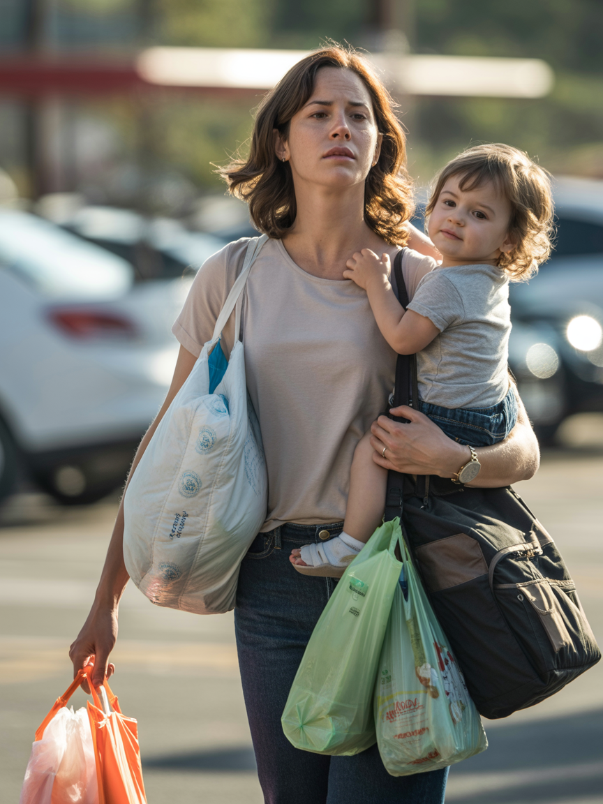 Exhausted young mother walking through a parking lot carrying a baby on her hip and multiple heavy shopping bags showing the invisible backpack women carry when the automatic yes becomes their default response ElasLoveLifeStories.com