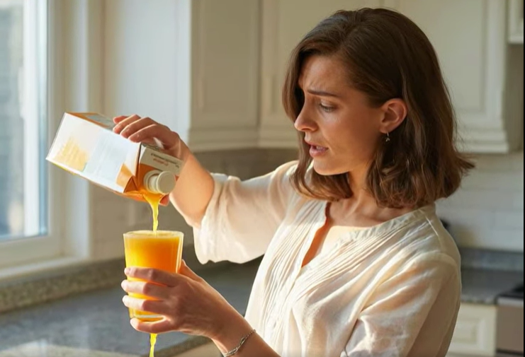 Woman pouring orange juice into an already full glass in a kitchen looking concerned as the juice overflows, video metaphor for women over 40 whose lives are so full there is no space left for themselves ElasLoveLifeStories.com