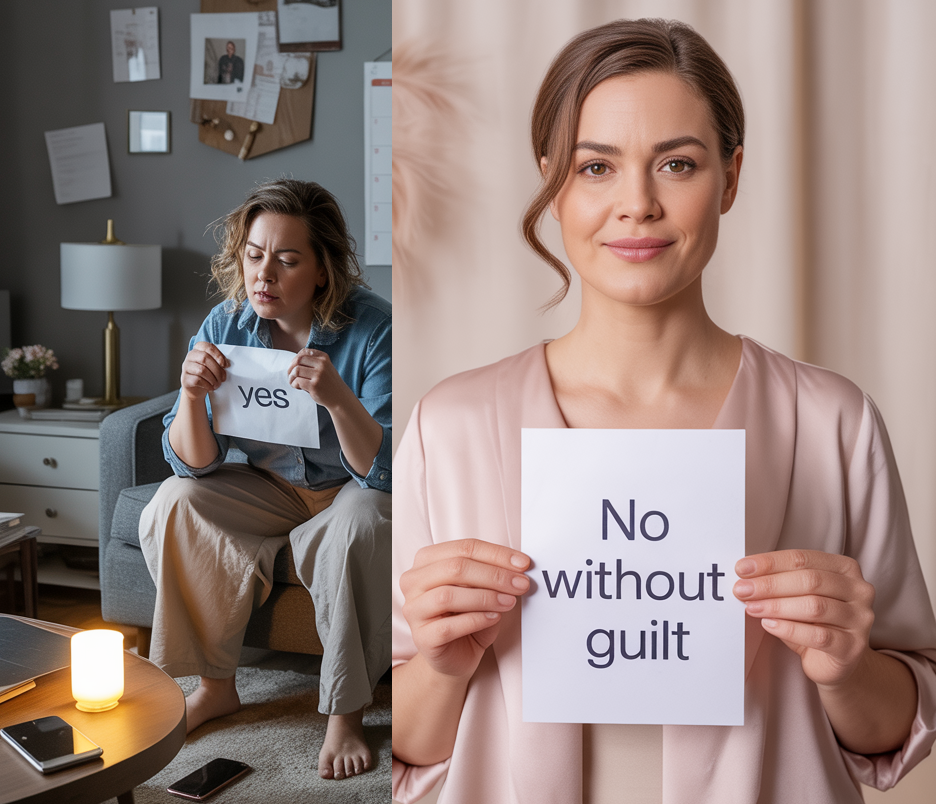 Two versions of the same women side by side, one sitting exhausted holding a yes sign in a dim cluttered room, the other standing calm and confident holding a No Without Guilt sign, representing the transformation from people pleasing to healthy boundaries for women over 40