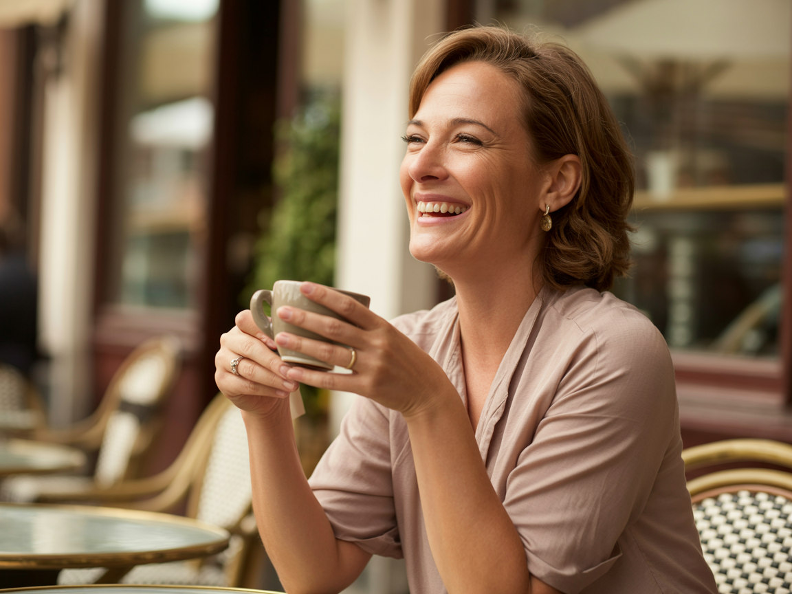 Woman over 40 sitting alone at an outdoor cafe table holding a coffee cup smiling freely and looking genuinely light and present enjoying a conversation that costs her nothing showing what reciprocal connection feels like ElasLoveLifeStories.com