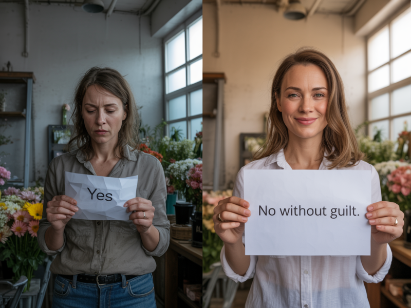 Split image showing the same woman twice in a flower shop, on the left looking sad and defeated holding a Yes sign, on the right standing calm and confident holding a No Without Guilt sign, showing how women with small businesses stop giving free work to friends ElasLoveLifeStories.com