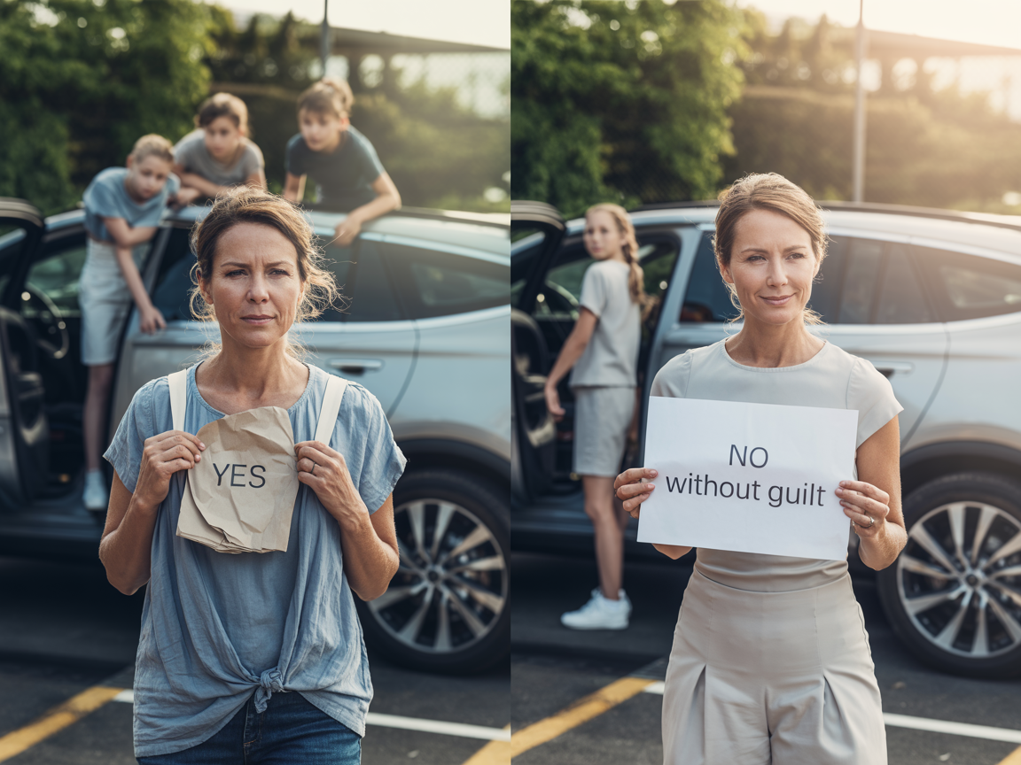 Split image showing the same woman twice in a parking lot, on the left exhausted with children climbing into her car holding a Yes sign, on the right calm and confident holding a No Without Guilt sign, showing how women stop being everyone's default driver ElasLoveLifeStories.com