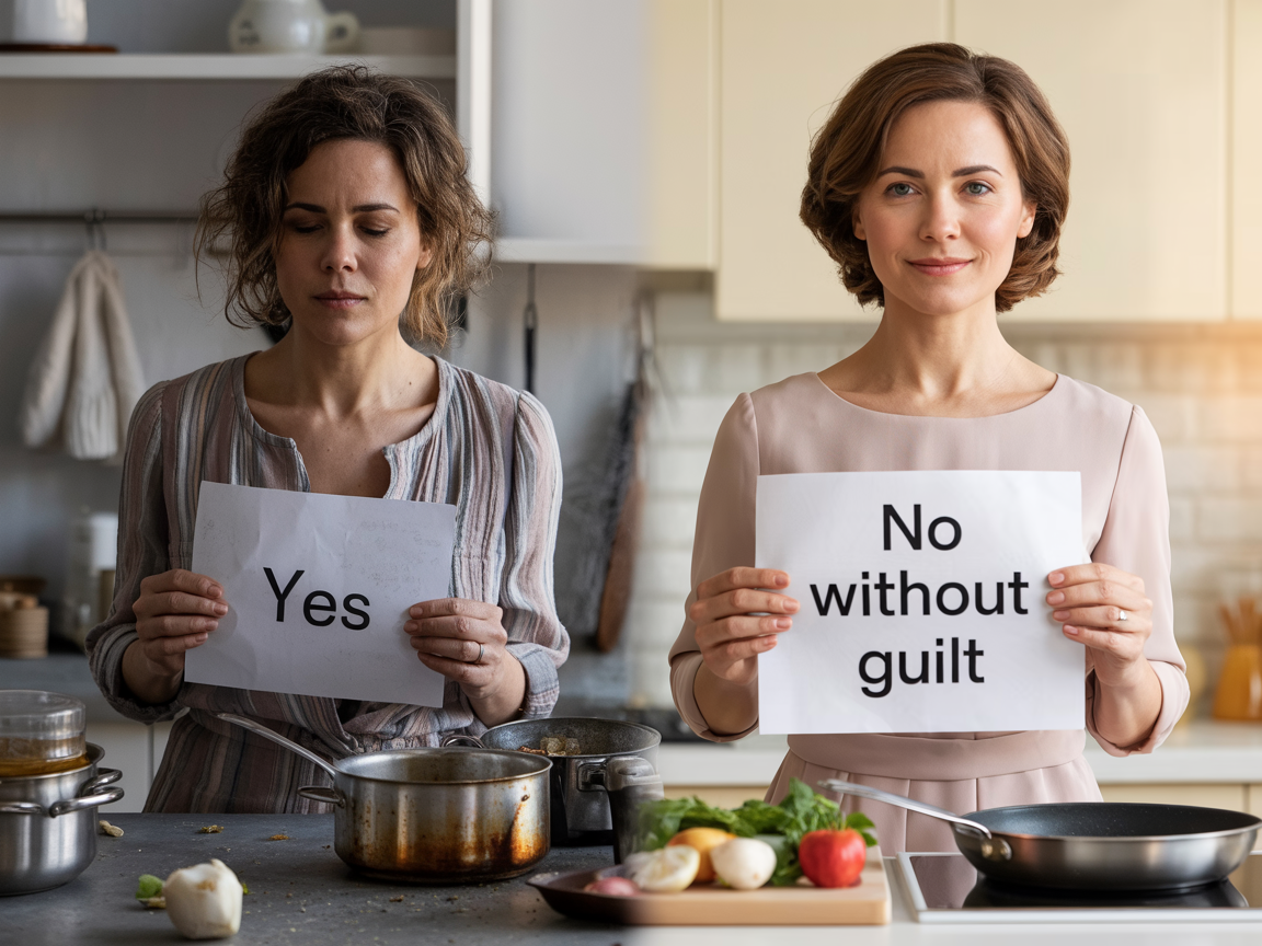 Two women standing in a kitchen, one looking exhausted while cooking holding a Yes sign, the other standing calm and confident holding a No Without Guilt sign, showing how women stop hosting everything alone and start choosing when to give their time ElasLoveLifeStories.com