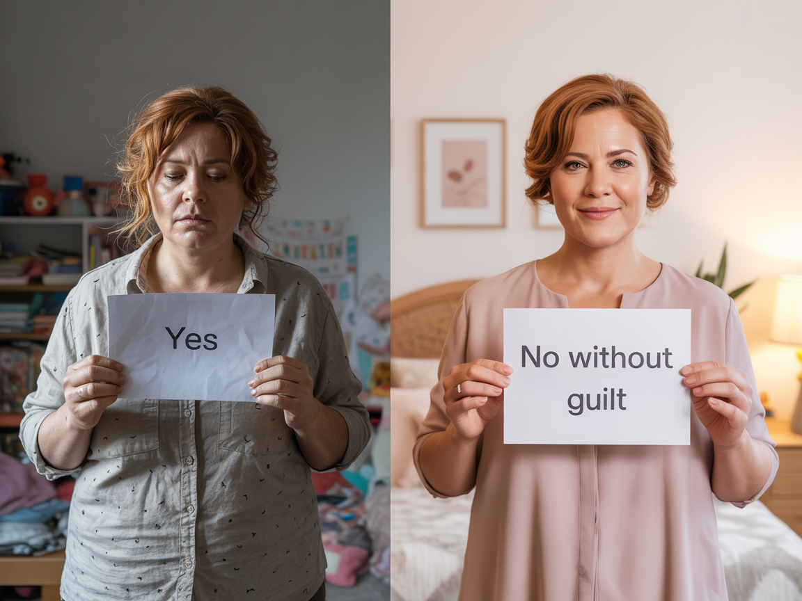Split image showing the same woman twice, on the left looking exhausted and defeated in a cluttered room holding a Yes sign, on the right standing calm and peaceful in a tidy bright bedroom holding a No Without Guilt sign, showing how women stop doing everything themselves ElasLoveLifeStories.com