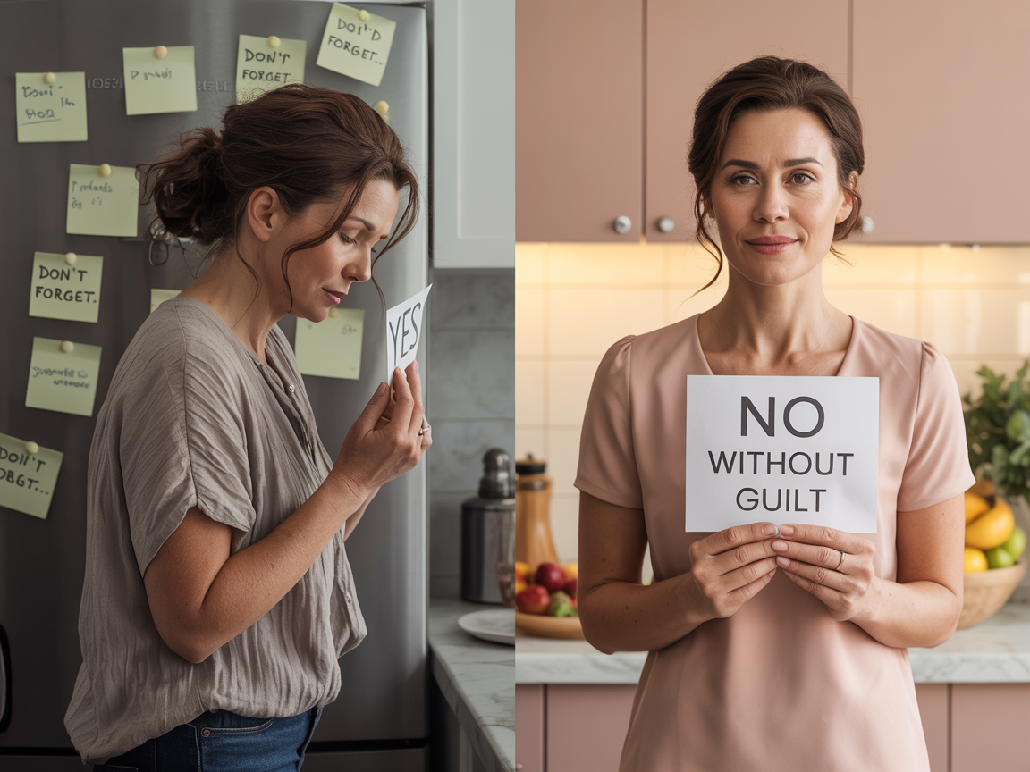 Split image showing the same woman twice in a kitchen, on the left overwhelmed at a fridge covered in reminder notes holding a Yes sign, on the right calm and confident holding a No Without Guilt sign, showing how women stop being everyone's memory and information centre ElasLoveLifeStories.com