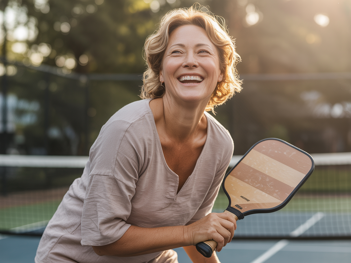 Woman over 40 playing pickleball outdoors on a sunny court laughing and looking joyful and completely free showing what a lighter life by choice looks like when women stop carrying what was never theirs ElasLoveLifeStories.com