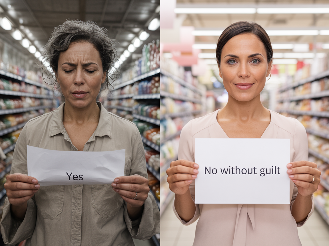 Split image showing the same woman twice in a supermarket, on the left looking exhausted and overwhelmed holding a crumpled Yes sign, on the right standing calm and confident holding a No Without Guilt sign, showing how sharing the load transforms women over 40 ElasLoveLifeStories.com