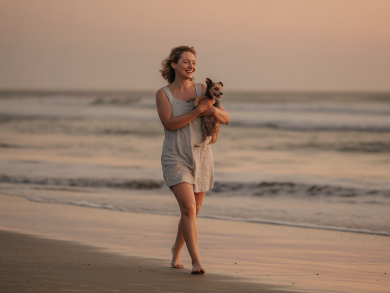 Woman over 40 walking barefoot on a beach at sunset holding a small dog looking free and peaceful finally having space to be herself without adjusting showing what it feels like to have the right to be heard ElasLoveLifeStories.com