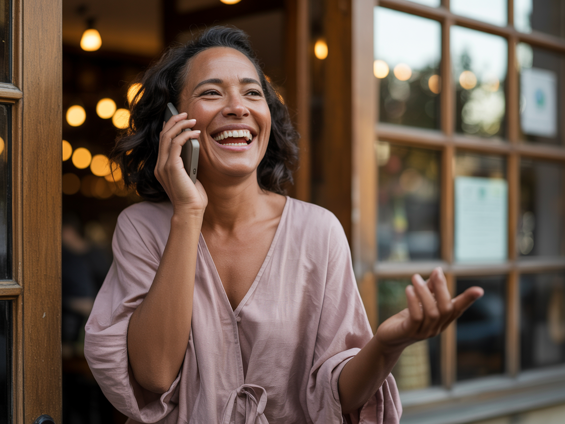 Woman over 40 standing outside a restaurant wearing a dusty rose blouse laughing freely on a phone call looking light and joyful showing what life feels like when saying no makes your life lighter ElasLoveLifeStories.com