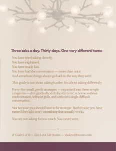 Back cover of Gentle Ways to Get Your Husband to Help You at Home, a practical guide for women 40+ by Ela's Love Life Stories, showing the tagline Three asks a day. Thirty days. One very different home.