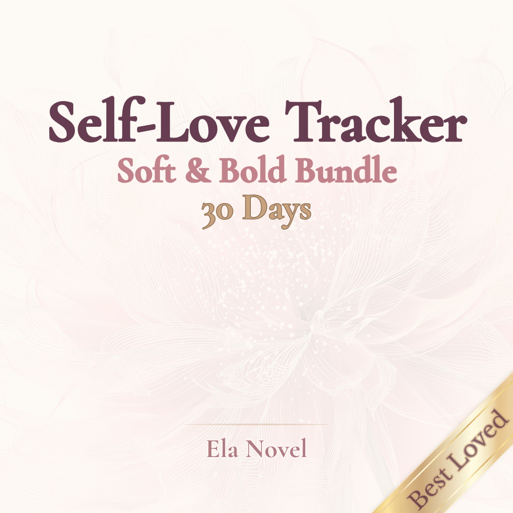 Self-Love Tracker – Soft & Bold Bundle, 30 Days, Best Loved badge, pink romantic floral background, Ela’s Love Life Stories and Ela Novel