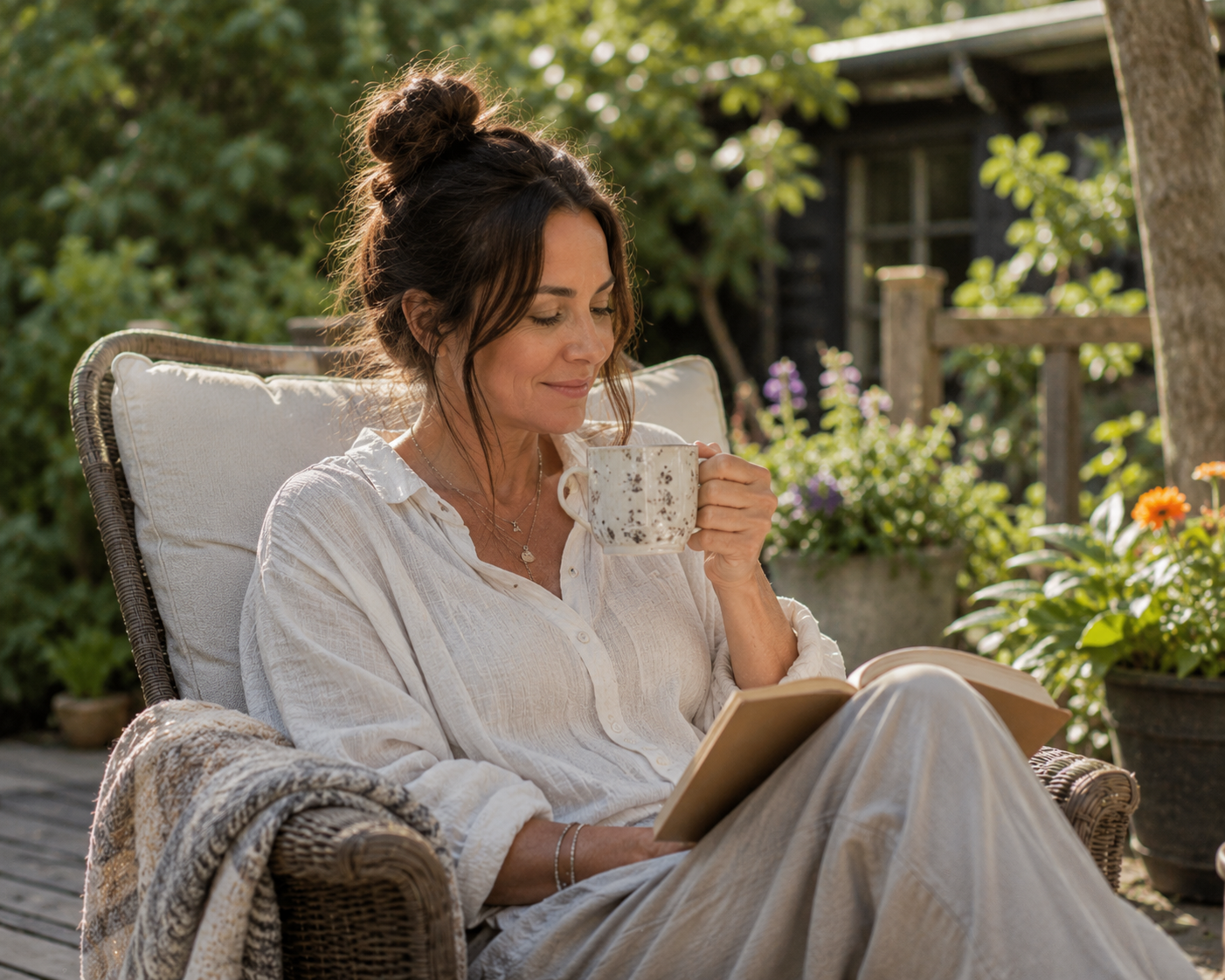 Woman reading the No Without Guilt guide on a sofa