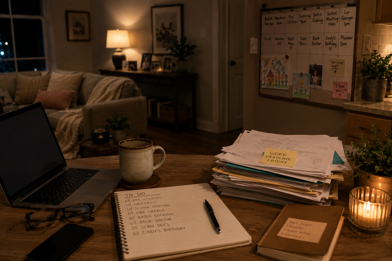 Overwhelmed desk covered in to-do lists, sticky notes and a packed calendar — the invisible load