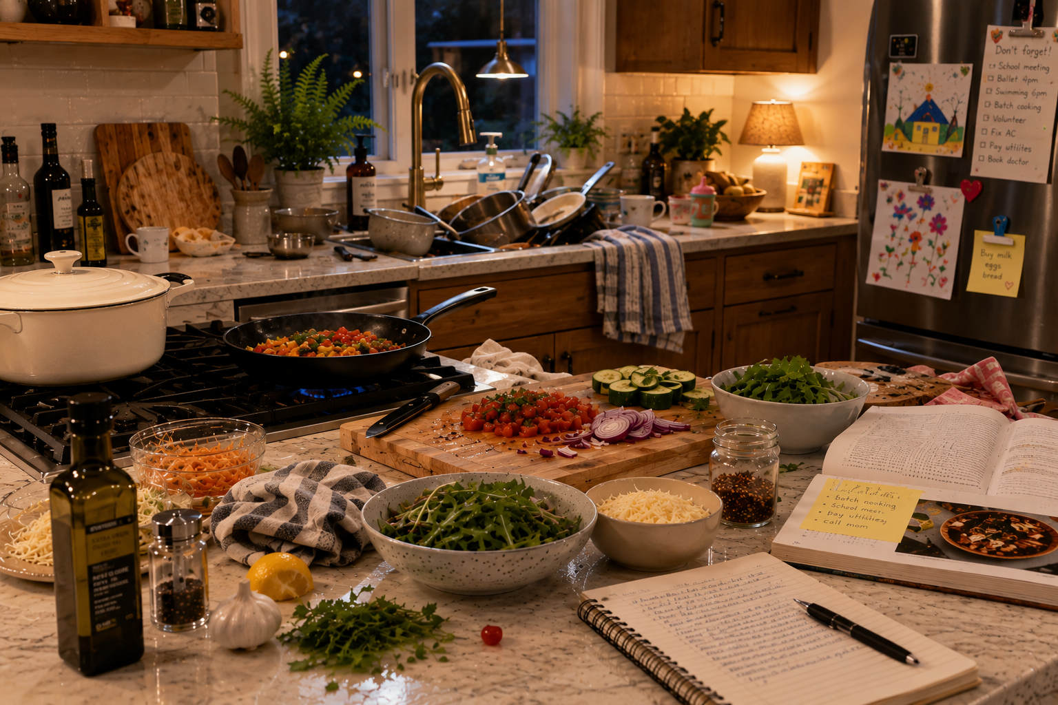 Busy kitchen counter full of food and pots — the quiet accumulation of everything landing on her plate