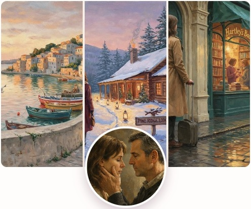 Oil paintings of a seaside harbor, a snowy mountain lodge and a city bookshop, with a round picture of a couple in their fifties about to kiss